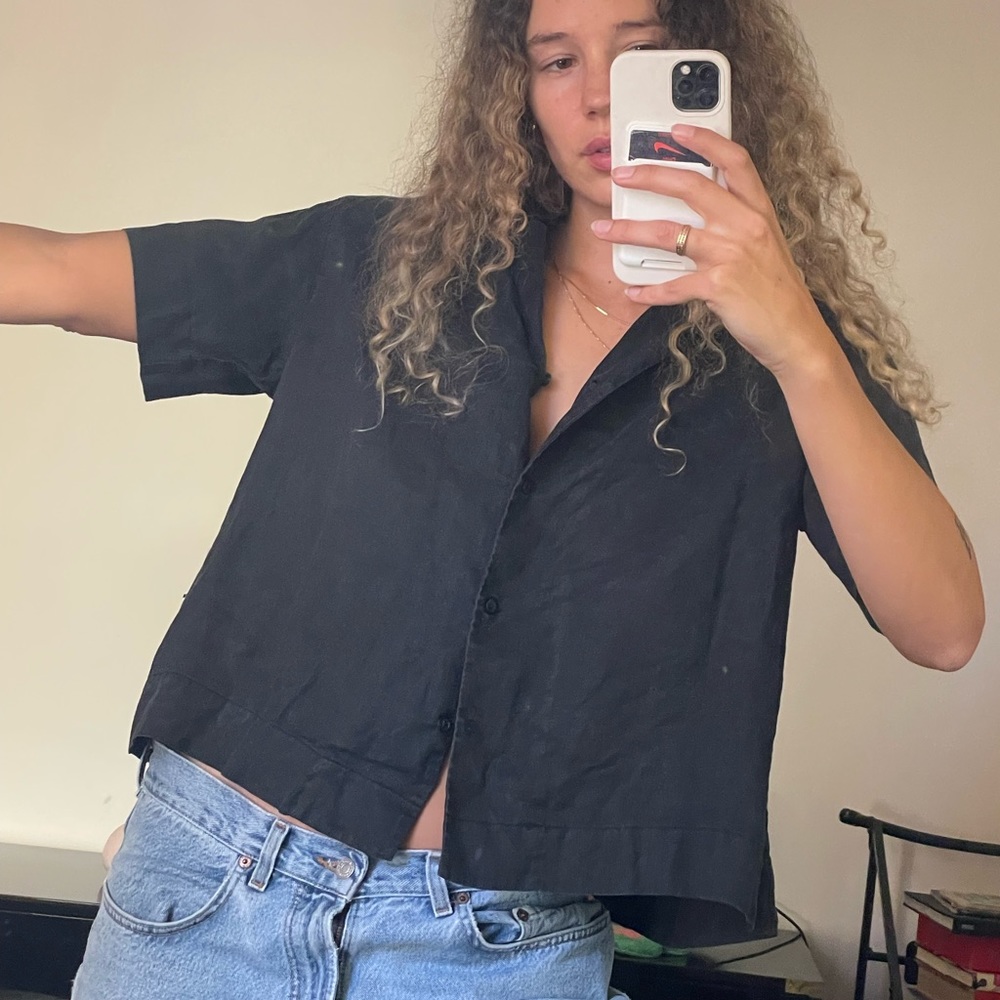 Muji black linen box length button down